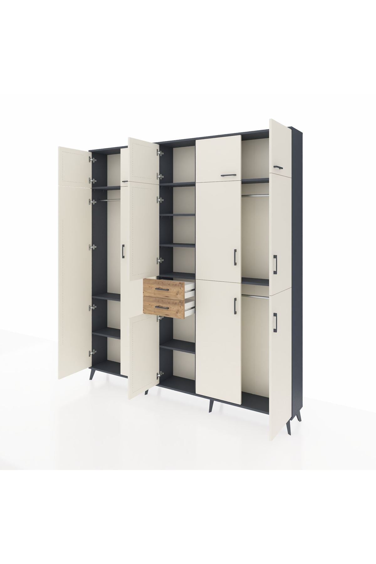 Arges Dolap 10 Raflı 2 Çekmeceli 3 Askılı 220x30x243 Antrasit-Aytaşı/Çam