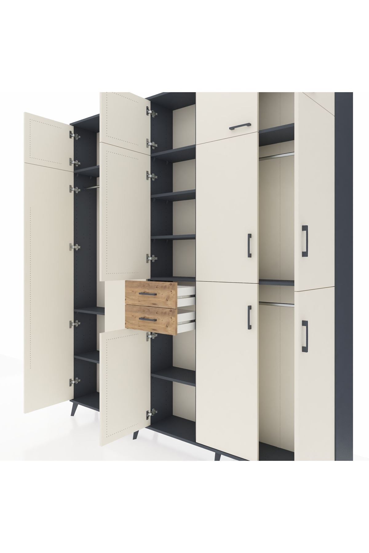 Arges Dolap 10 Raflı 2 Çekmeceli 3 Askılı 220x30x243 Antrasit-Aytaşı/Çam