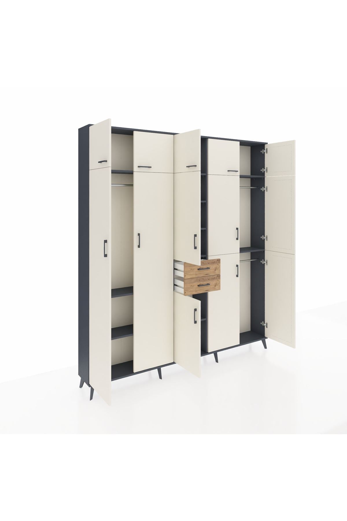 Arges Dolap 10 Raflı 2 Çekmeceli 3 Askılı 220x30x243 Antrasit-Aytaşı/Çam