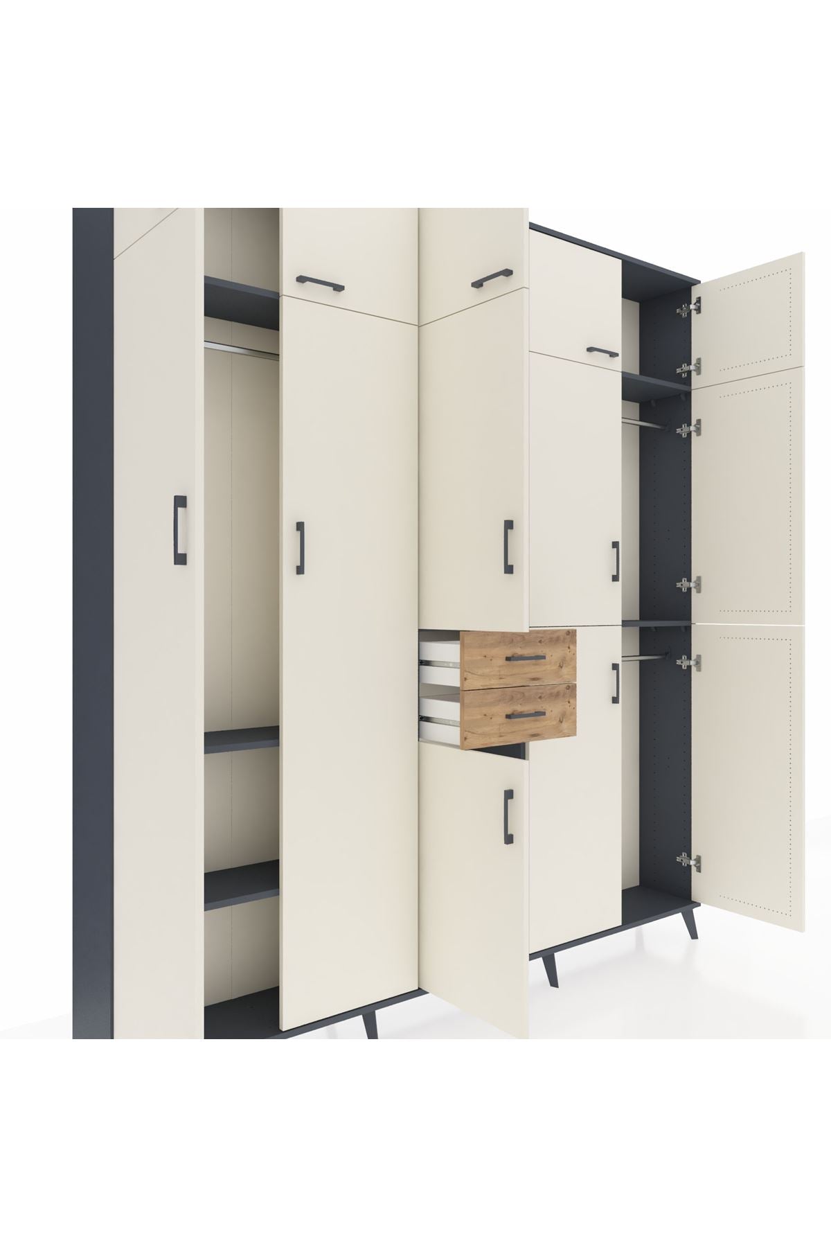 Arges Dolap 10 Raflı 2 Çekmeceli 3 Askılı 220x30x243 Antrasit-Aytaşı/Çam