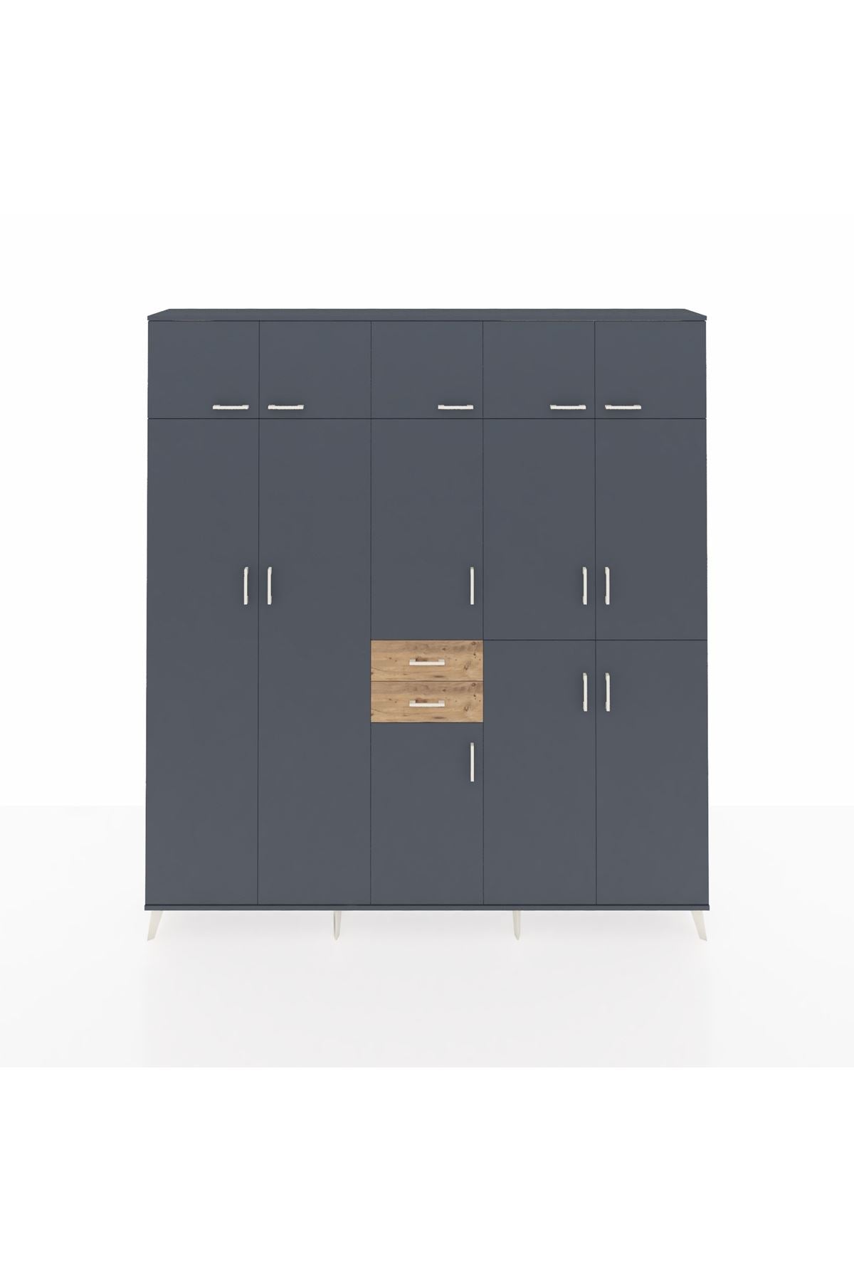 Arges Dolap 10 Raflı 2 Çekmeceli 3 Askılı 220x30x243 Antrasit-Antrasit/Çam