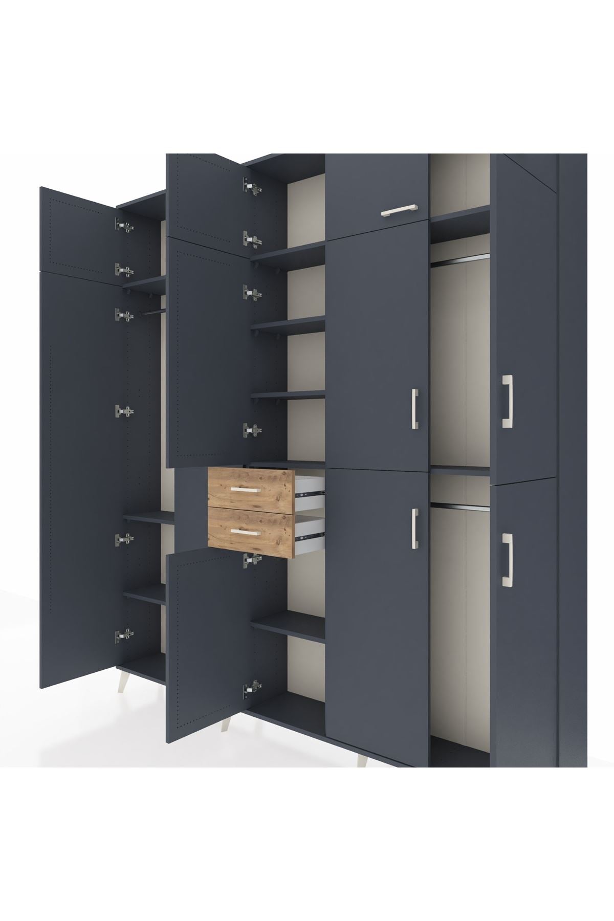 Arges Dolap 10 Raflı 2 Çekmeceli 3 Askılı 220x30x243 Antrasit-Antrasit/Çam