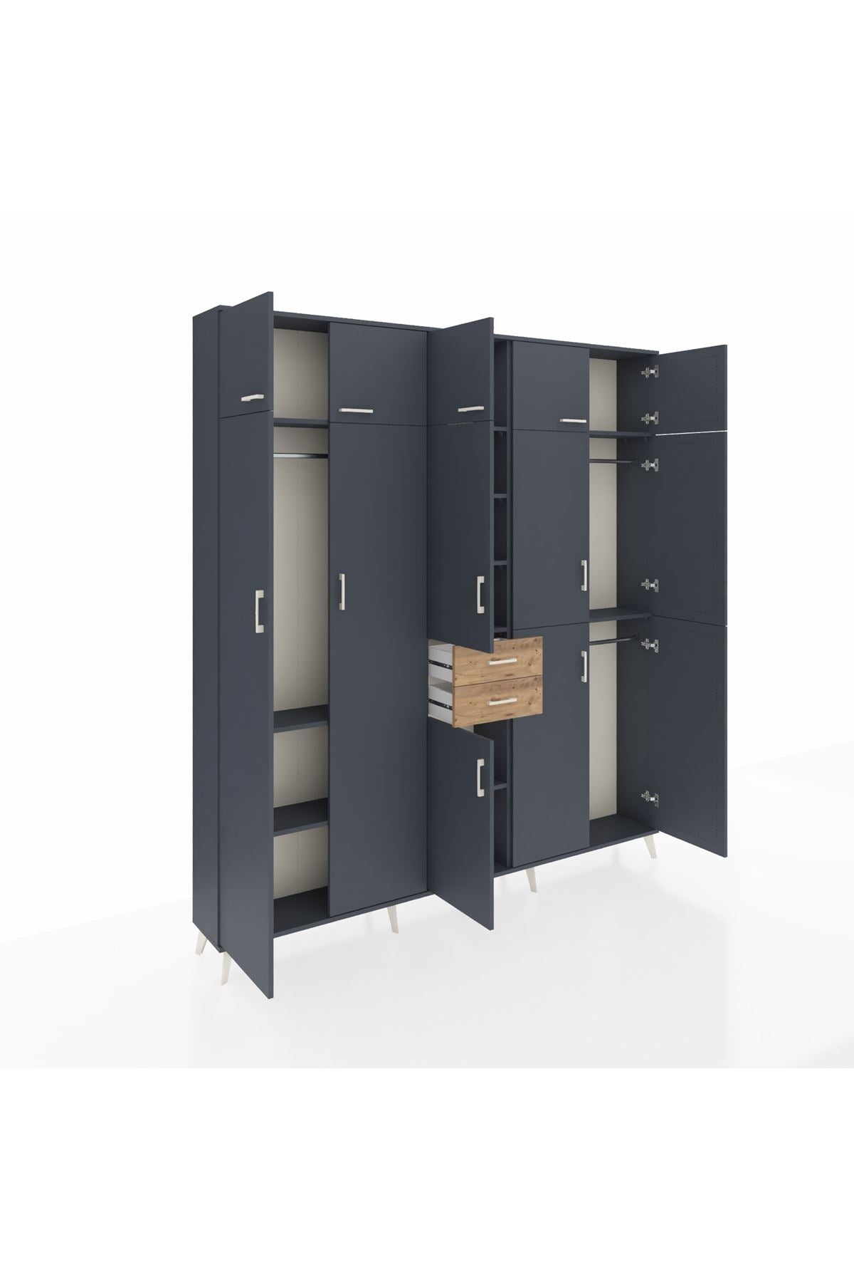 Arges Dolap 10 Raflı 2 Çekmeceli 3 Askılı 220x30x243 Antrasit-Antrasit/Çam