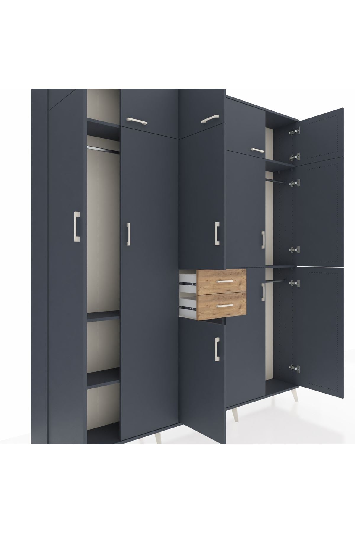 Arges Dolap 10 Raflı 2 Çekmeceli 3 Askılı 220x30x243 Antrasit-Antrasit/Çam