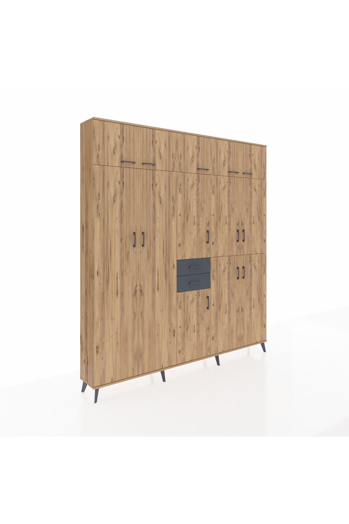 Arges Dolap 10 Raflı 2 Çekmeceli 3 Askılı 220x30x243 Çam-Çam/Antrasit