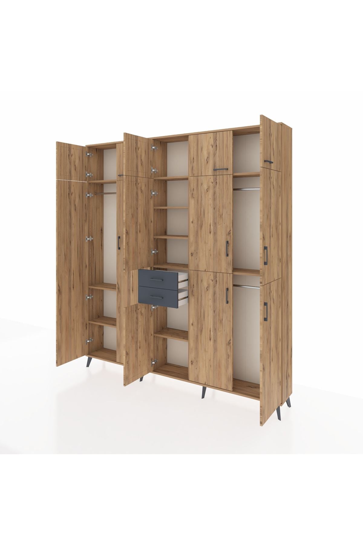 Arges Dolap 10 Raflı 2 Çekmeceli 3 Askılı 220x30x243 Çam-Çam/Antrasit