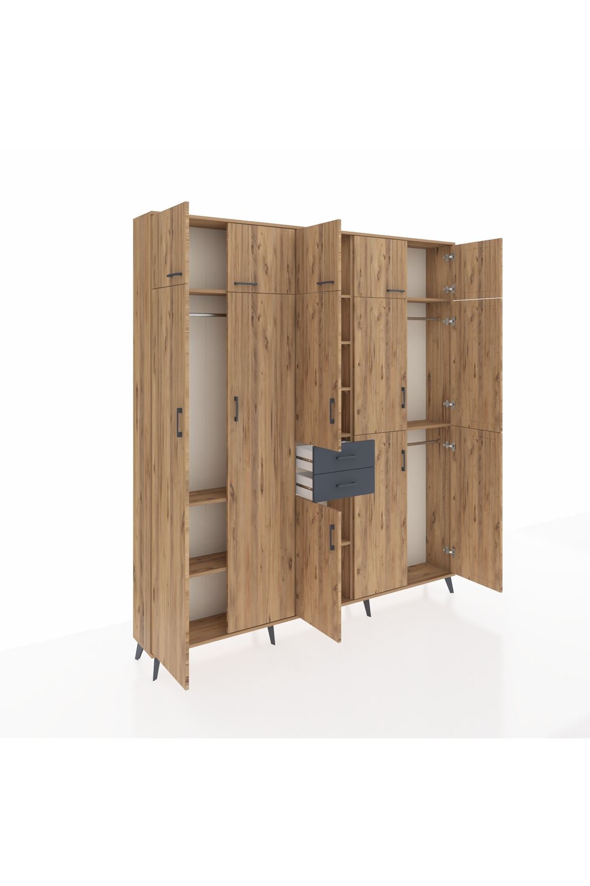 Arges Dolap 10 Raflı 2 Çekmeceli 3 Askılı 220x30x243 Çam-Çam/Antrasit