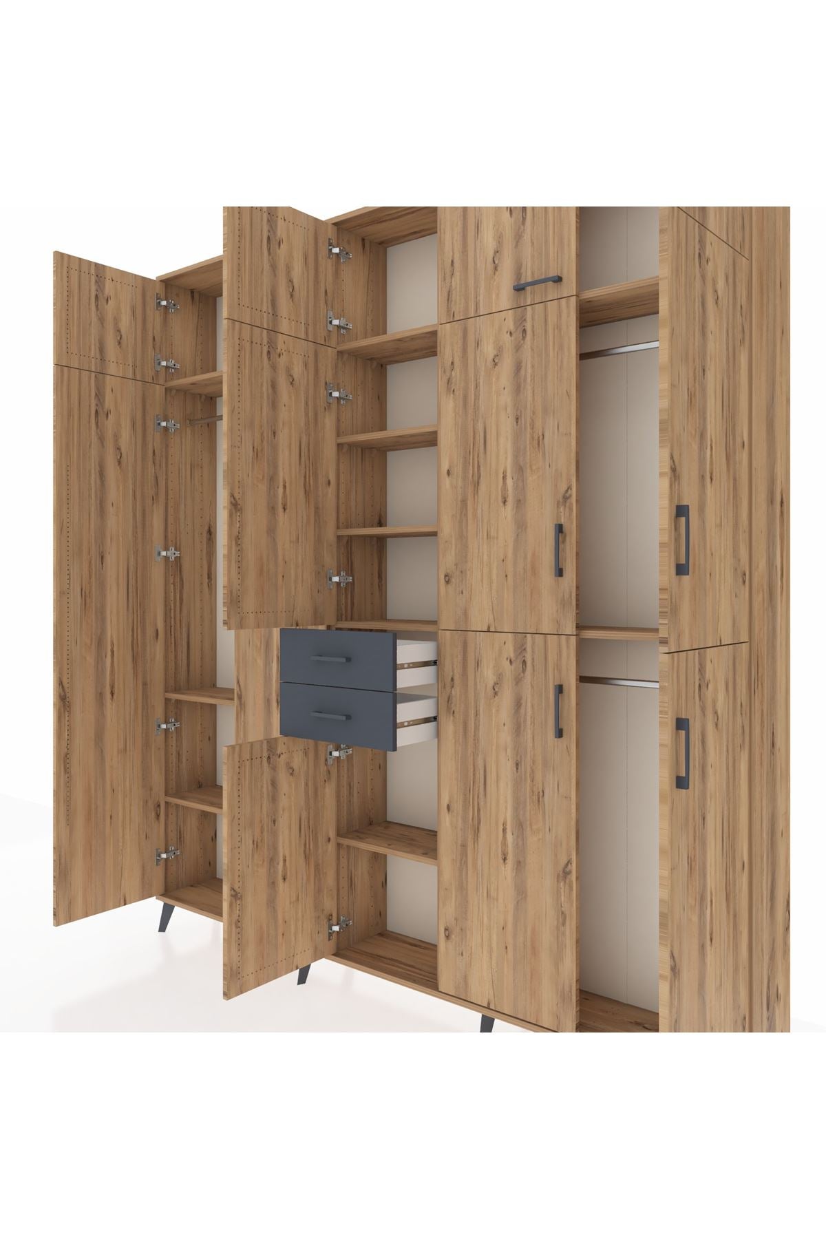 Arges Dolap 10 Raflı 2 Çekmeceli 3 Askılı 220x30x243 Çam-Çam/Antrasit