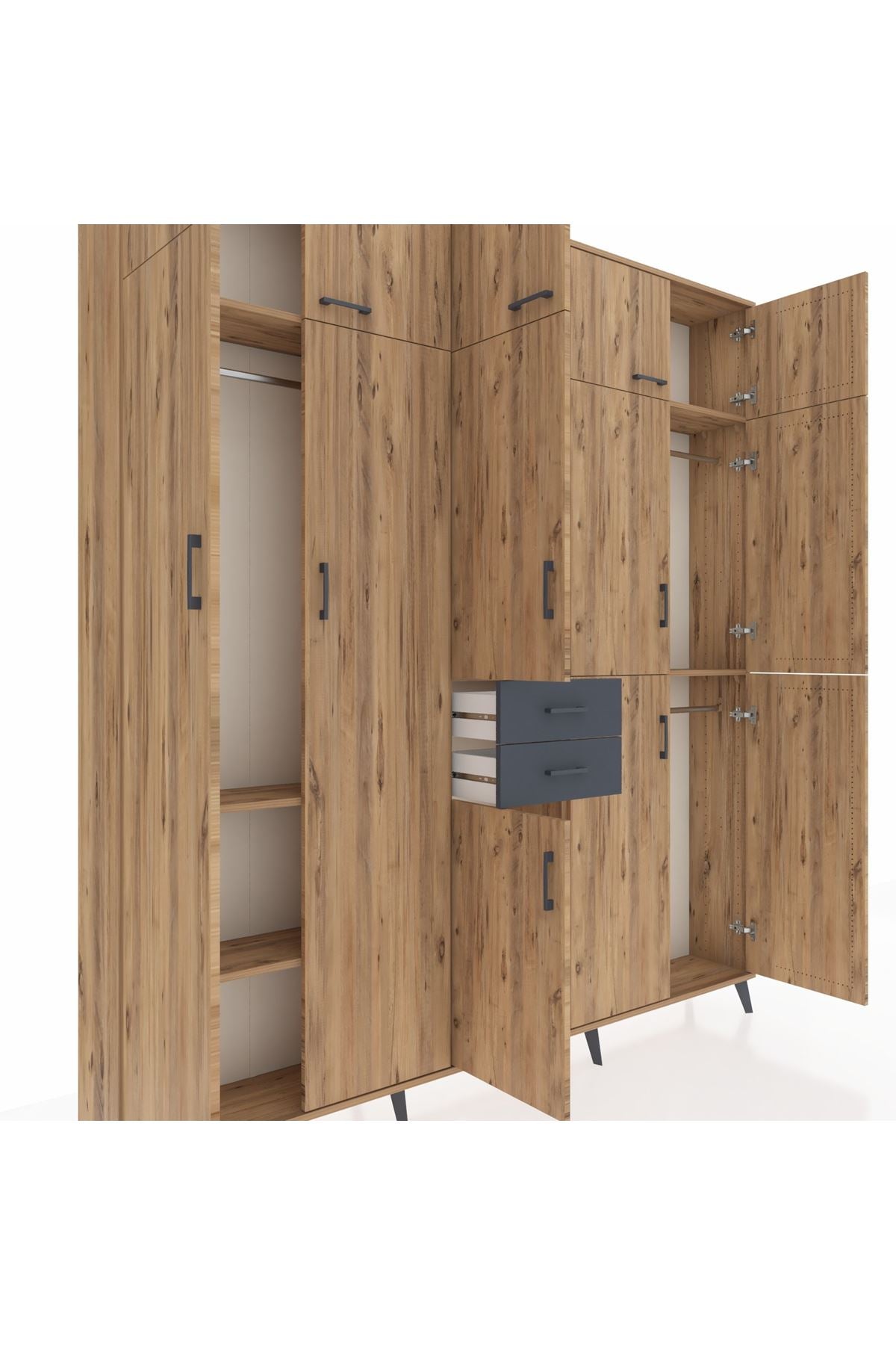 Arges Dolap 10 Raflı 2 Çekmeceli 3 Askılı 220x30x243 Çam-Çam/Antrasit