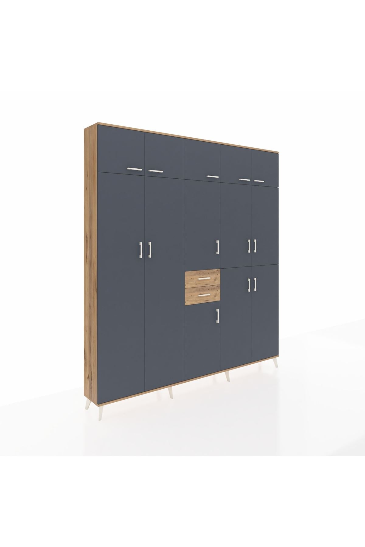 Arges Dolap 10 Raflı 2 Çekmeceli 3 Askılı 220x30x243 Çam-Antrasit/Çam