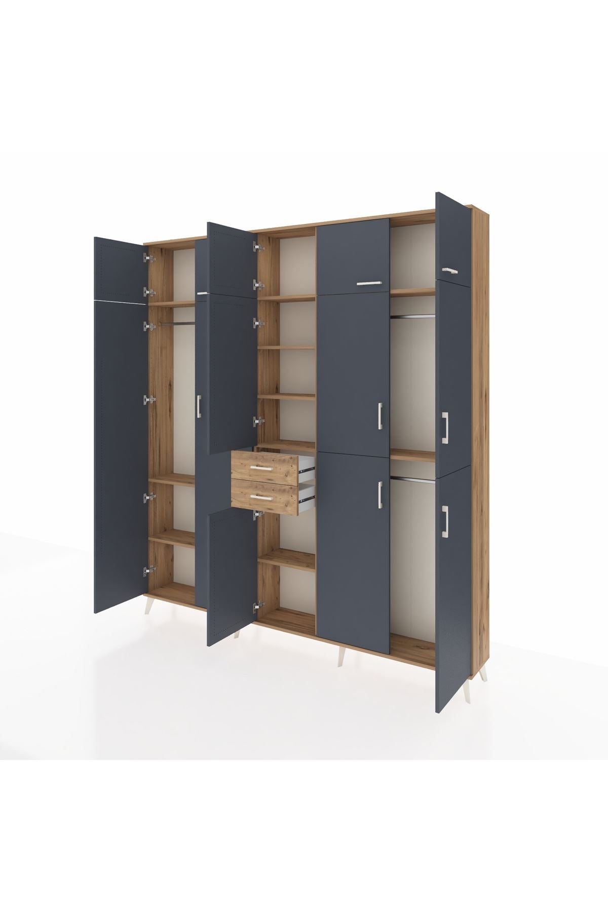 Arges Dolap 10 Raflı 2 Çekmeceli 3 Askılı 220x30x243 Çam-Antrasit/Çam