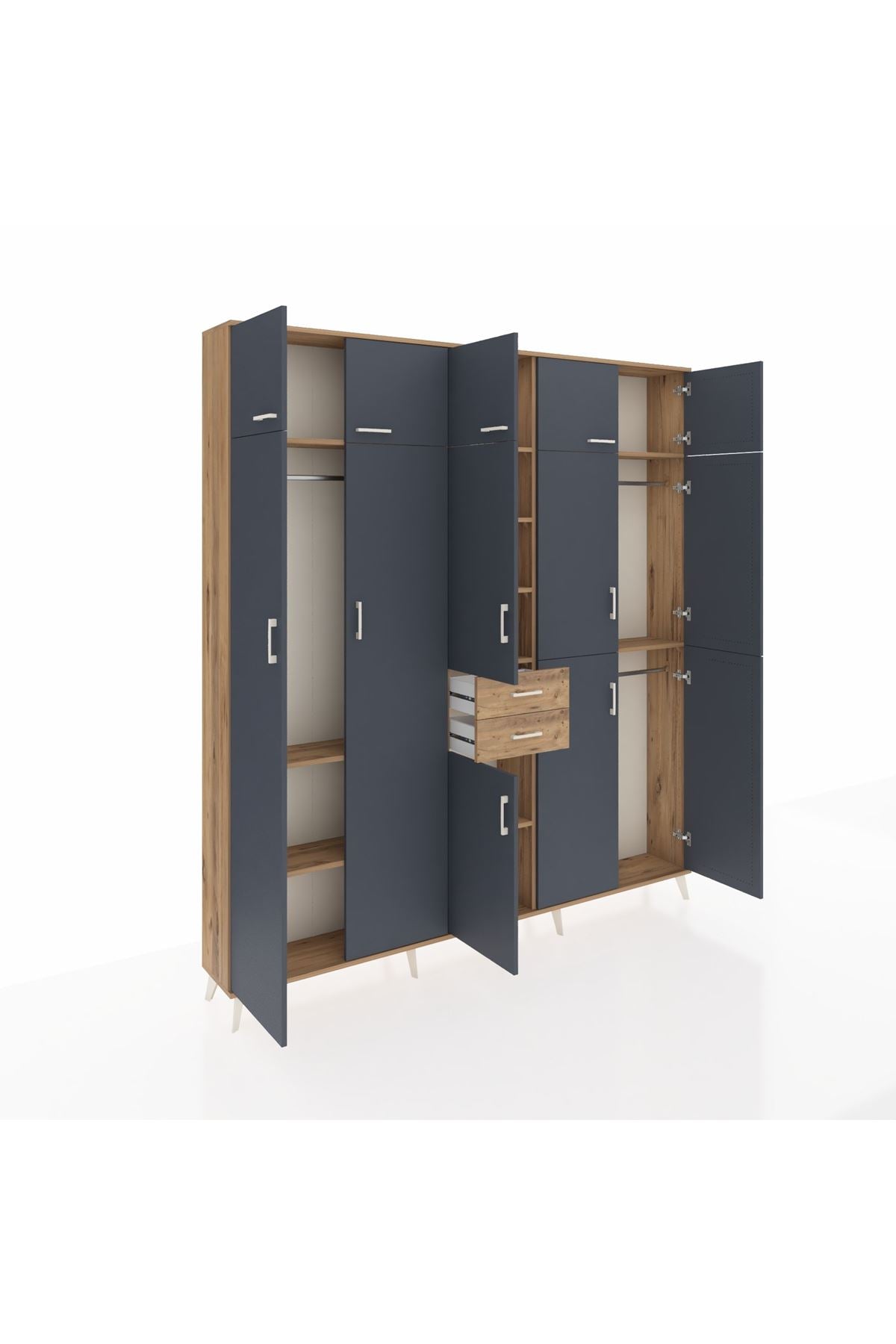 Arges Dolap 10 Raflı 2 Çekmeceli 3 Askılı 220x30x243 Çam-Antrasit/Çam