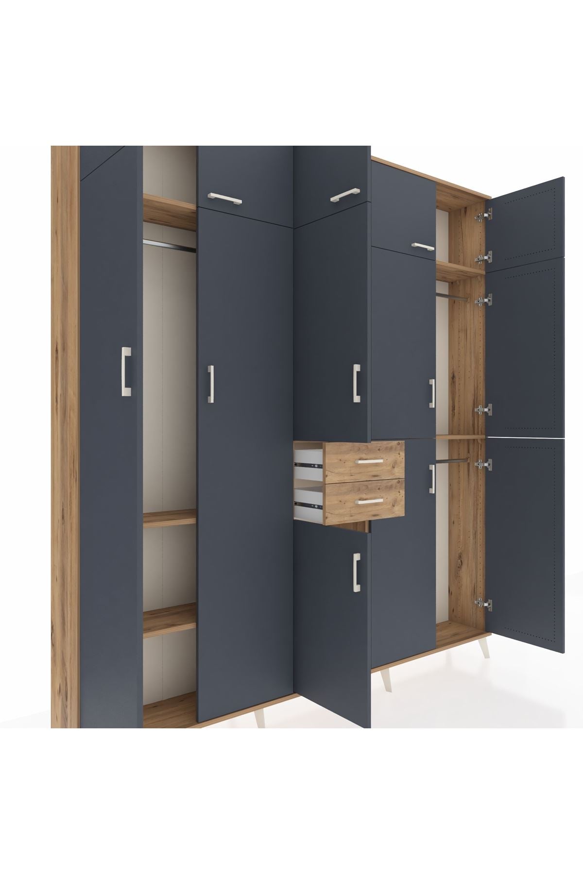 Arges Dolap 10 Raflı 2 Çekmeceli 3 Askılı 220x30x243 Çam-Antrasit/Çam