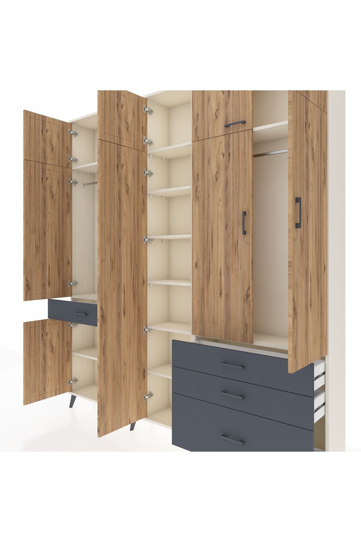 Arges Dolap 11 Raflı 4 Çekmeceli 2 Askılı 220x30x243 Aytaşı-Çam/Antrasit