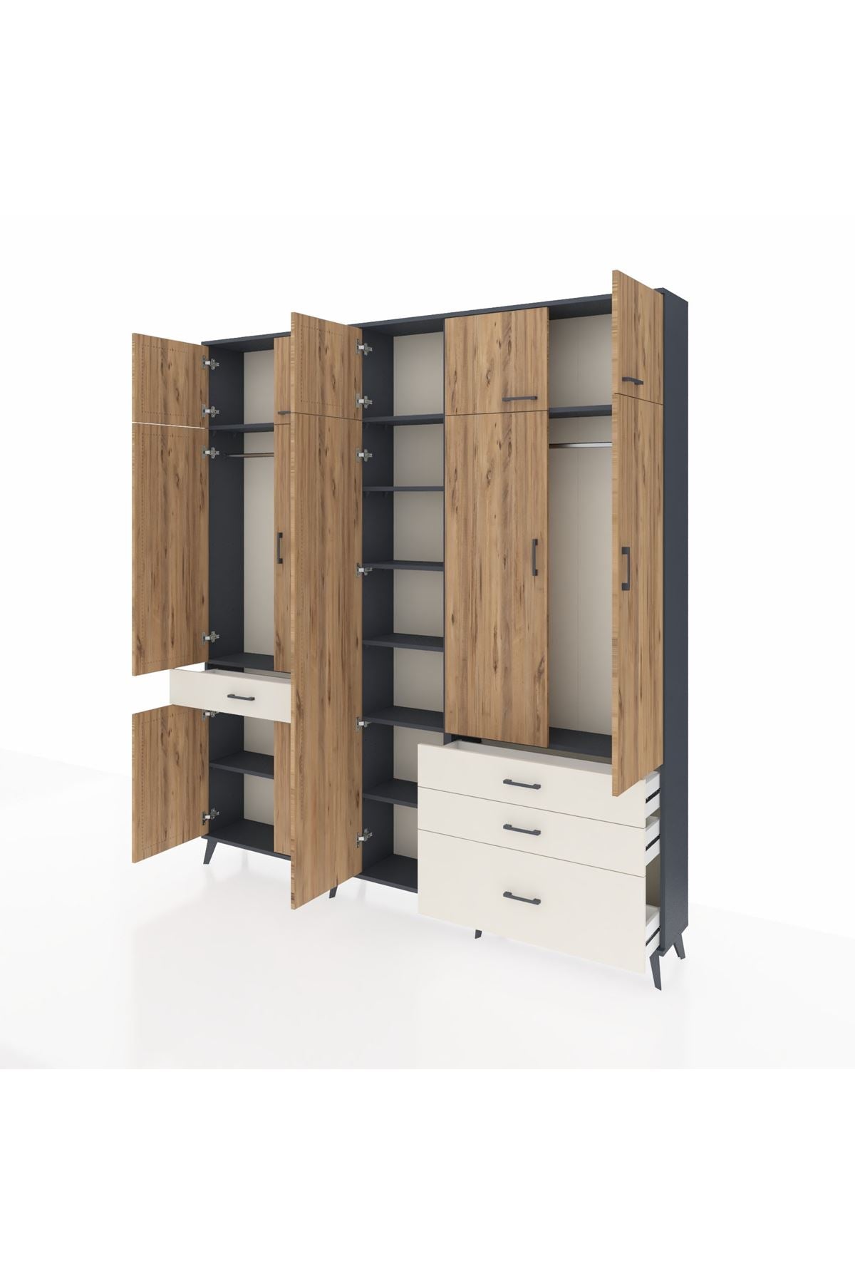 Arges Dolap 11 Raflı 4 Çekmeceli 2 Askılı 220x30x243 Antrasit-Çam/Aytaşı