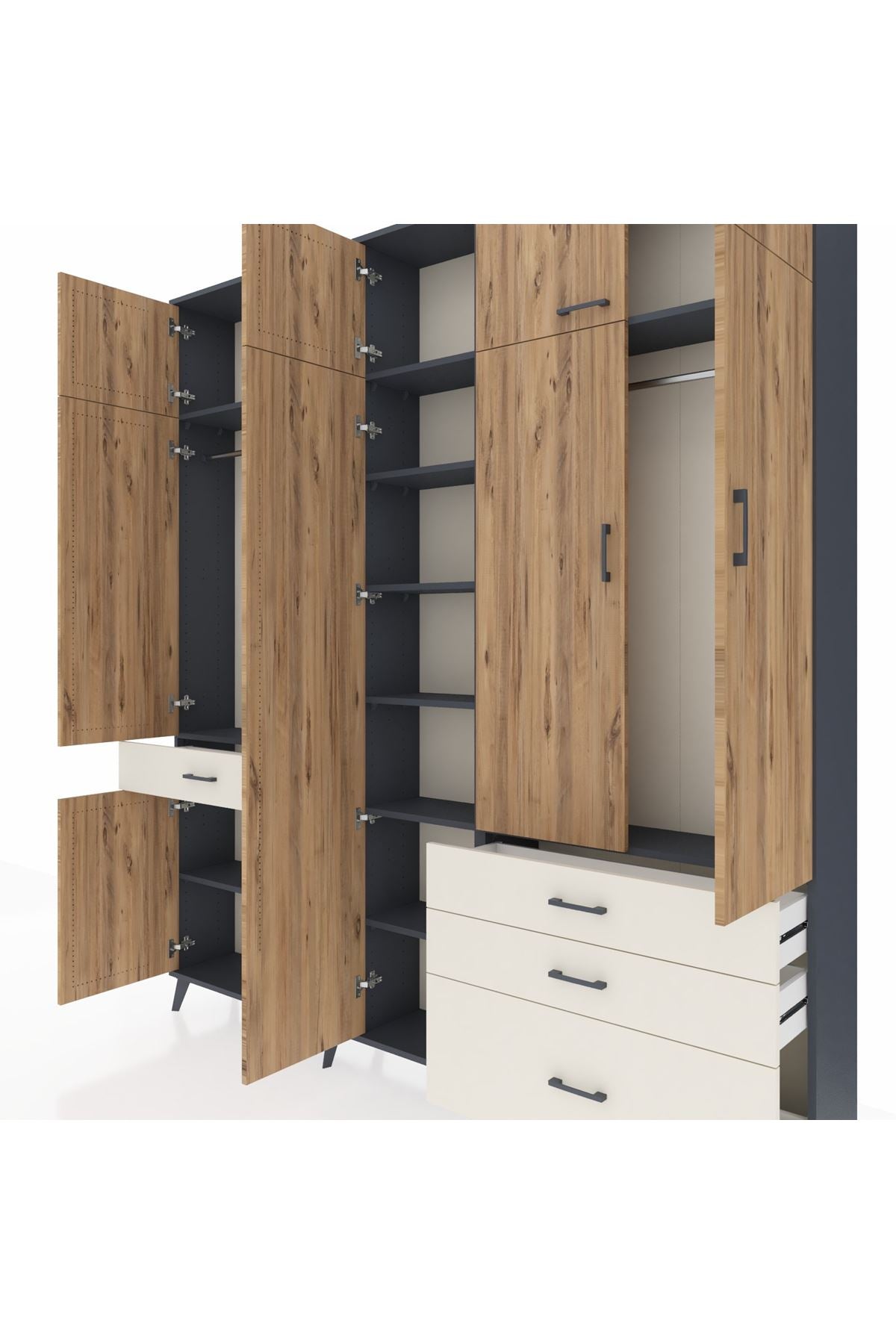 Arges Dolap 11 Raflı 4 Çekmeceli 2 Askılı 220x30x243 Antrasit-Çam/Aytaşı