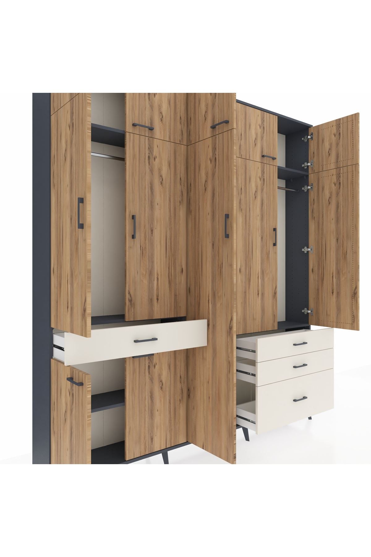 Arges Dolap 11 Raflı 4 Çekmeceli 2 Askılı 220x30x243 Antrasit-Çam/Aytaşı