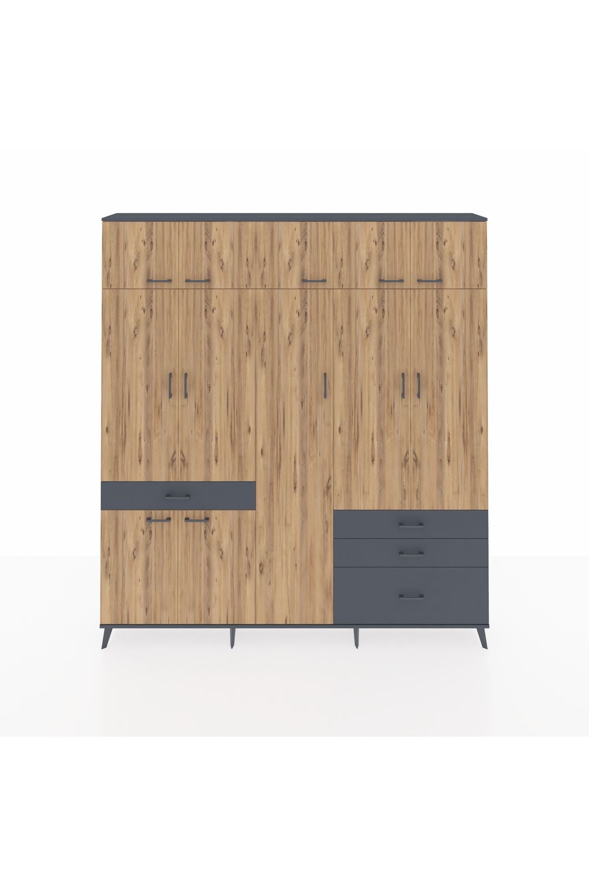 Arges Dolap 11 Raflı 4 Çekmeceli 2 Askılı 220x30x243 Antrasit-Çam/Antrasit