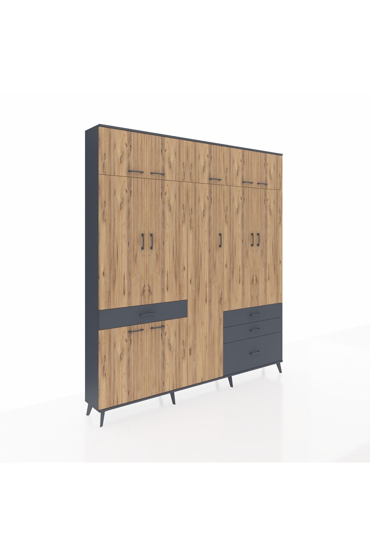 Arges Dolap 11 Raflı 4 Çekmeceli 2 Askılı 220x30x243 Antrasit-Çam/Antrasit