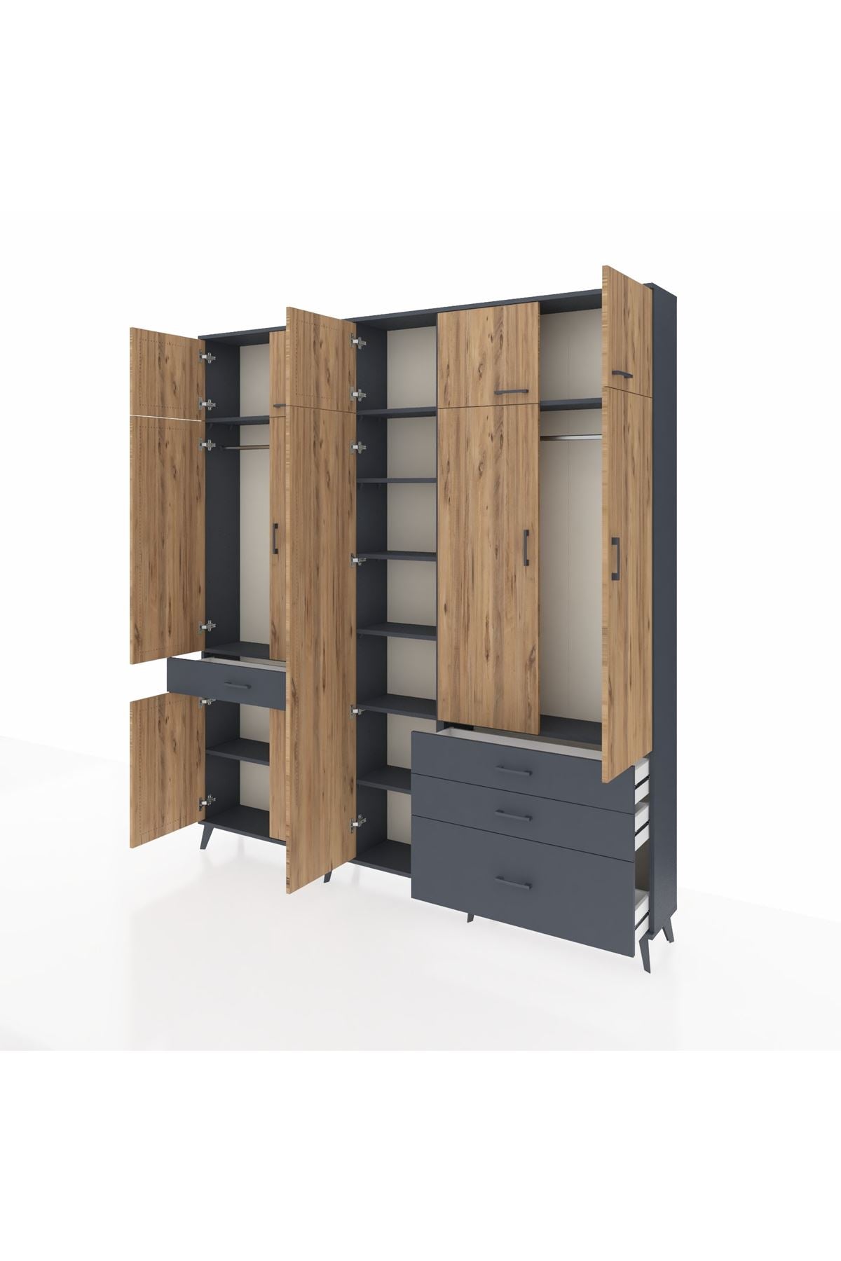 Arges Dolap 11 Raflı 4 Çekmeceli 2 Askılı 220x30x243 Antrasit-Çam/Antrasit