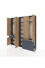 Arges Dolap 11 Raflı 4 Çekmeceli 2 Askılı 220x30x243 Antrasit-Çam/Antrasit