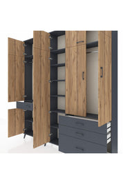 Arges Dolap 11 Raflı 4 Çekmeceli 2 Askılı 220x30x243 Antrasit-Çam/Antrasit