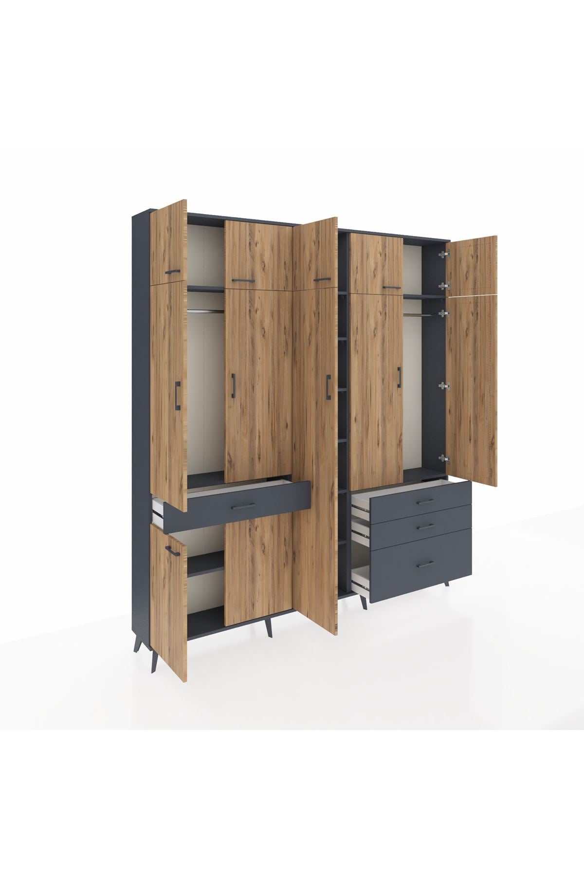 Arges Dolap 11 Raflı 4 Çekmeceli 2 Askılı 220x30x243 Antrasit-Çam/Antrasit