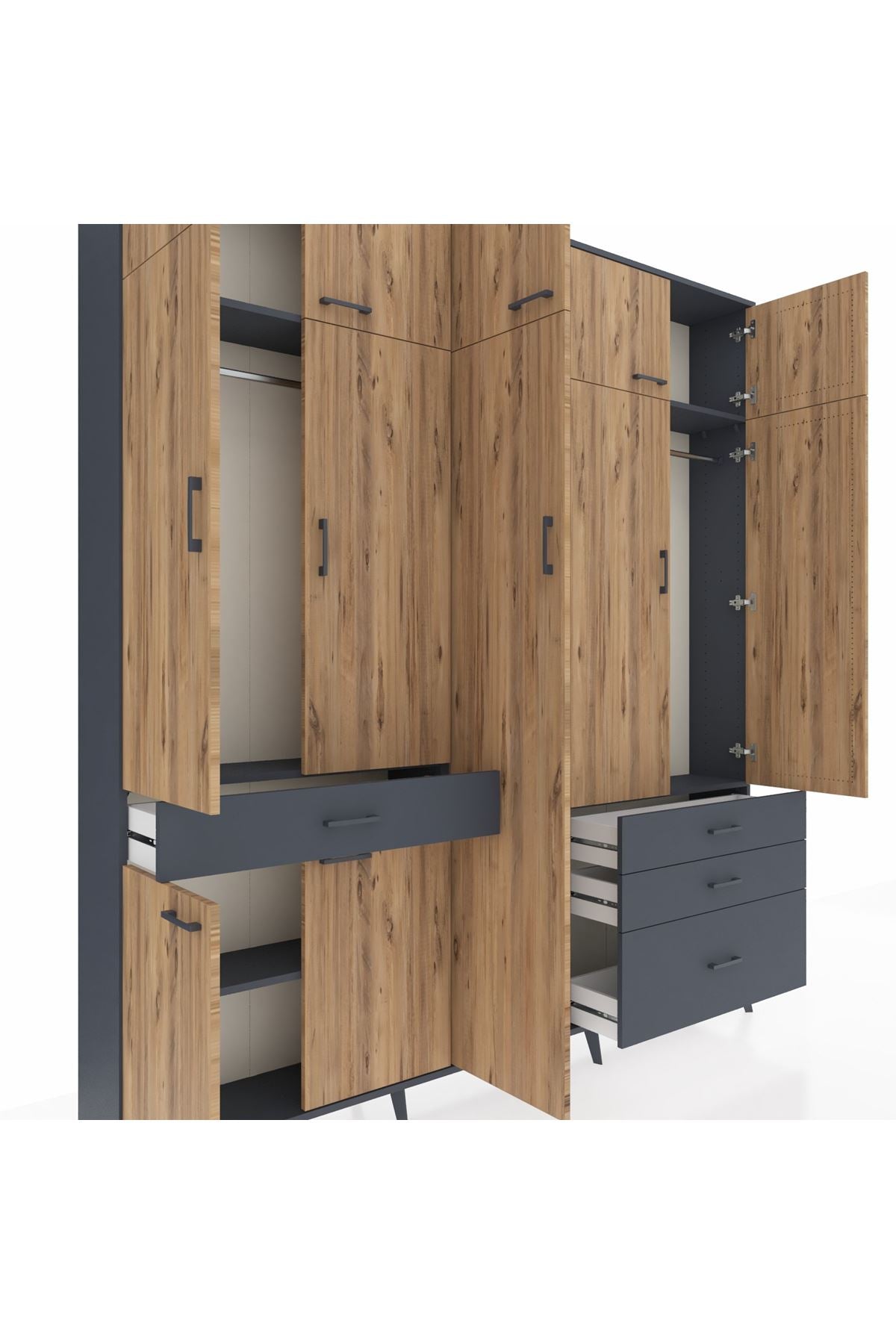 Arges Dolap 11 Raflı 4 Çekmeceli 2 Askılı 220x30x243 Antrasit-Çam/Antrasit