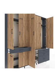 Arges Dolap 11 Raflı 4 Çekmeceli 2 Askılı 220x30x243 Antrasit-Çam/Antrasit