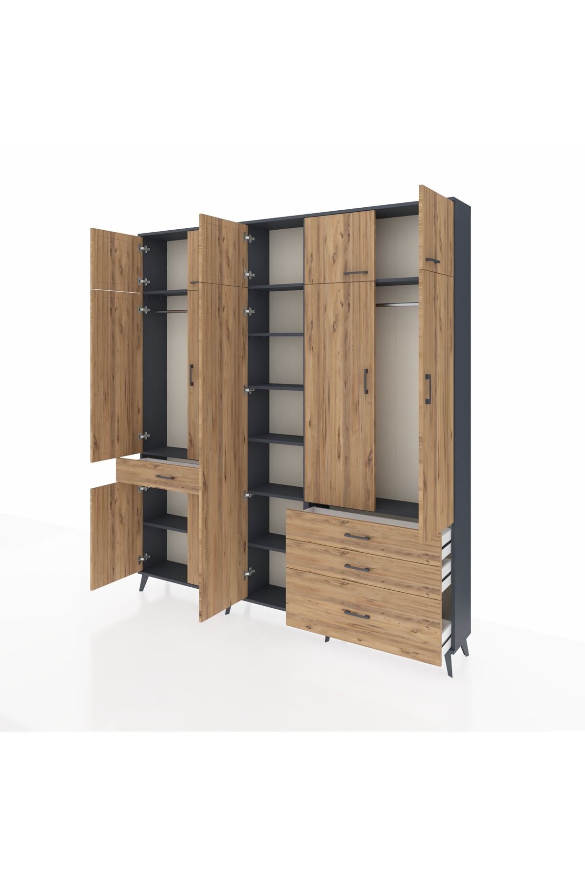 Arges Gardrop 11 Raflı 4 Çekmeceli 2 Askılı 220x30x243 Antrasit-Çam