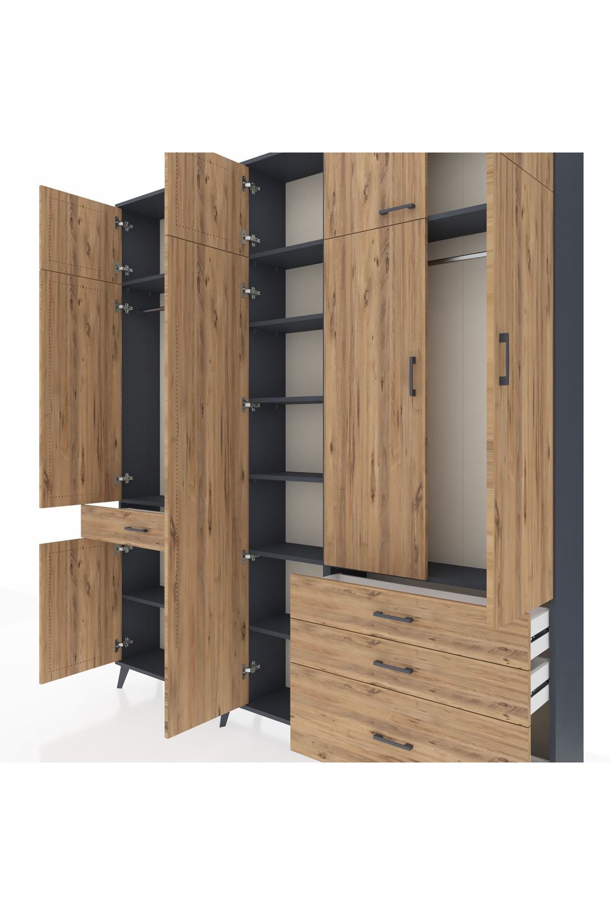 Arges Gardrop 11 Raflı 4 Çekmeceli 2 Askılı 220x30x243 Antrasit-Çam