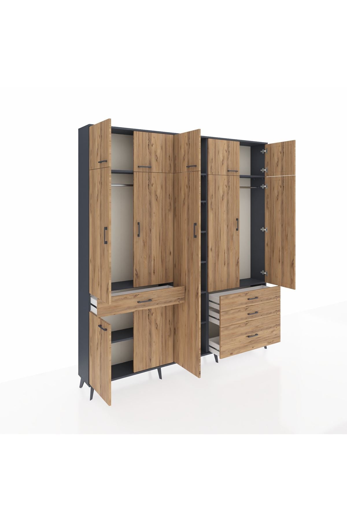 Arges Gardrop 11 Raflı 4 Çekmeceli 2 Askılı 220x30x243 Antrasit-Çam