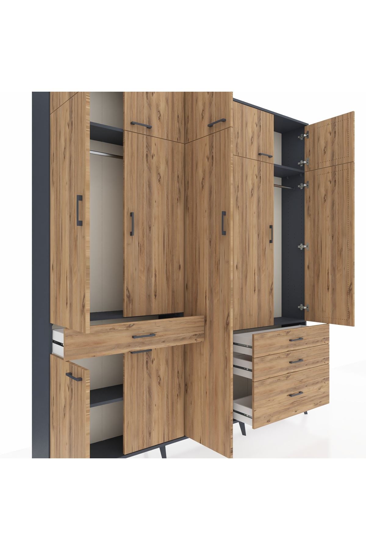 Arges Gardrop 11 Raflı 4 Çekmeceli 2 Askılı 220x30x243 Antrasit-Çam