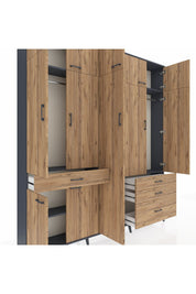 Arges Gardrop 11 Raflı 4 Çekmeceli 2 Askılı 220x30x243 Antrasit-Çam