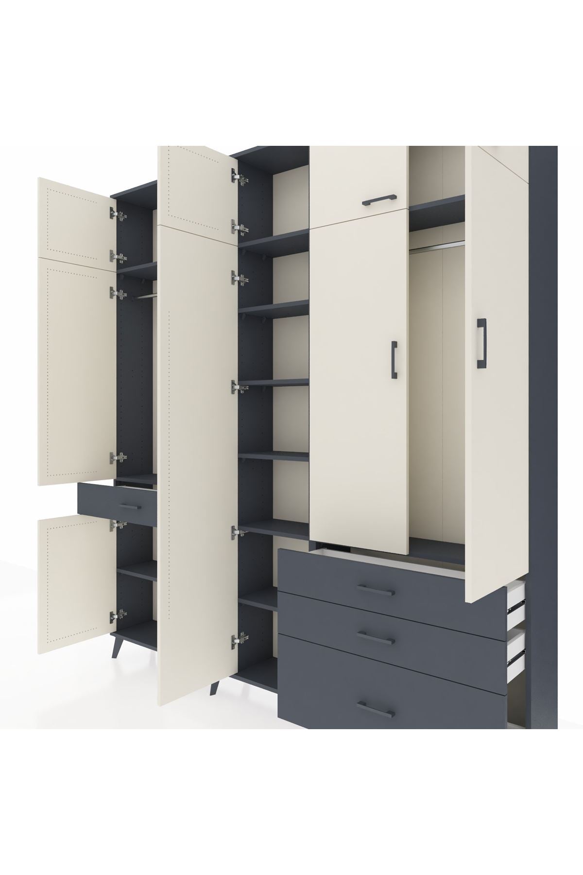 Arges Dolap 11 Raflı 4 Çekmeceli 2 Askılı 220x30x243 Antrasit-Aytaşı/Antrasit