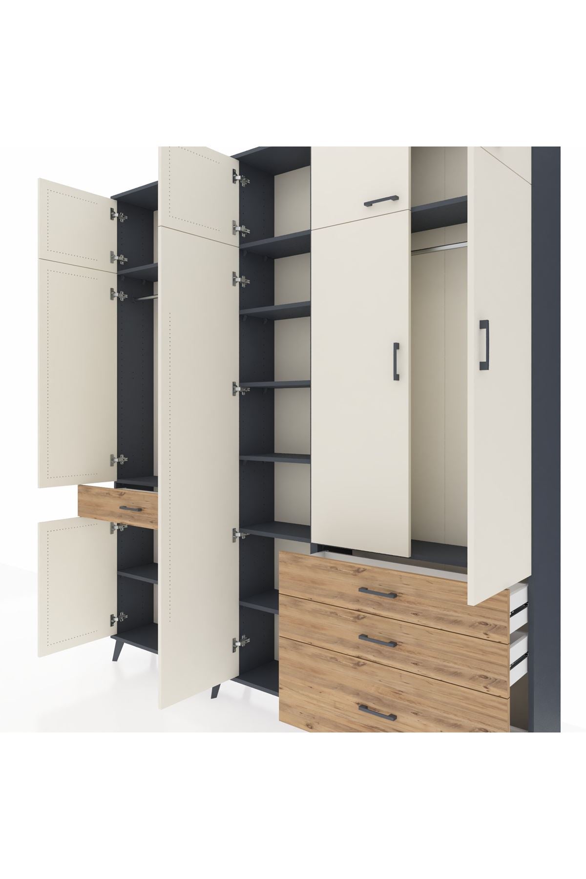 Arges Dolap 11 Raflı 4 Çekmeceli 2 Askılı 220x30x243 Antrasit-Aytaşı/Çam