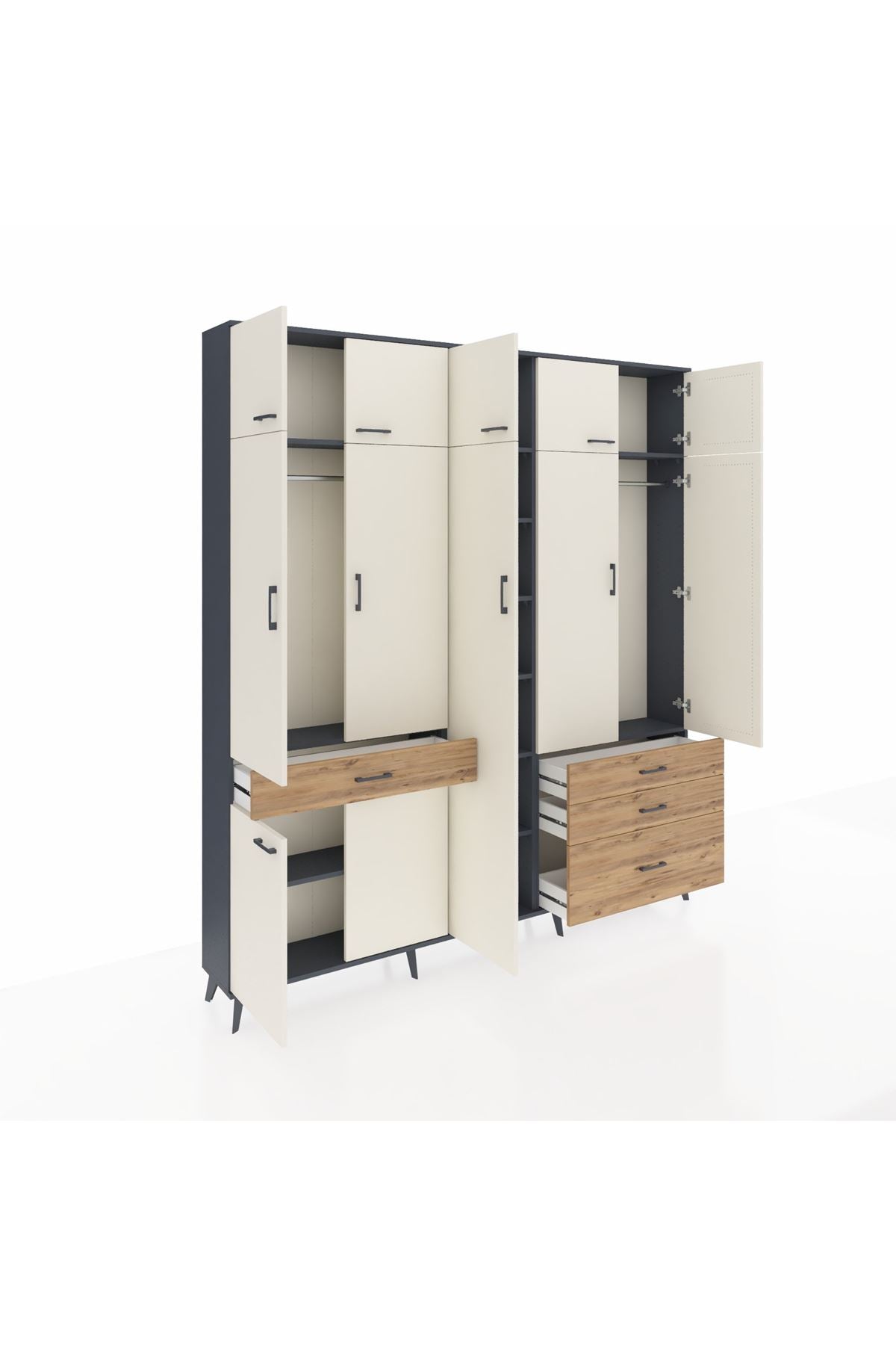 Arges Dolap 11 Raflı 4 Çekmeceli 2 Askılı 220x30x243 Antrasit-Aytaşı/Çam