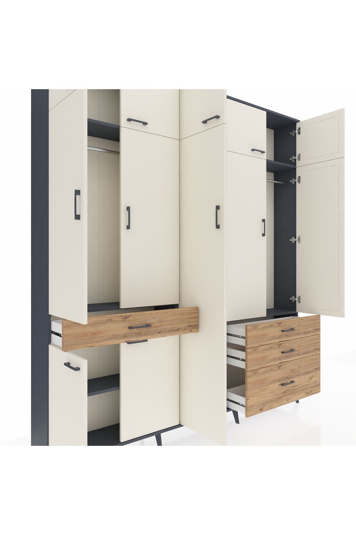 Arges Dolap 11 Raflı 4 Çekmeceli 2 Askılı 220x30x243 Antrasit-Aytaşı/Çam