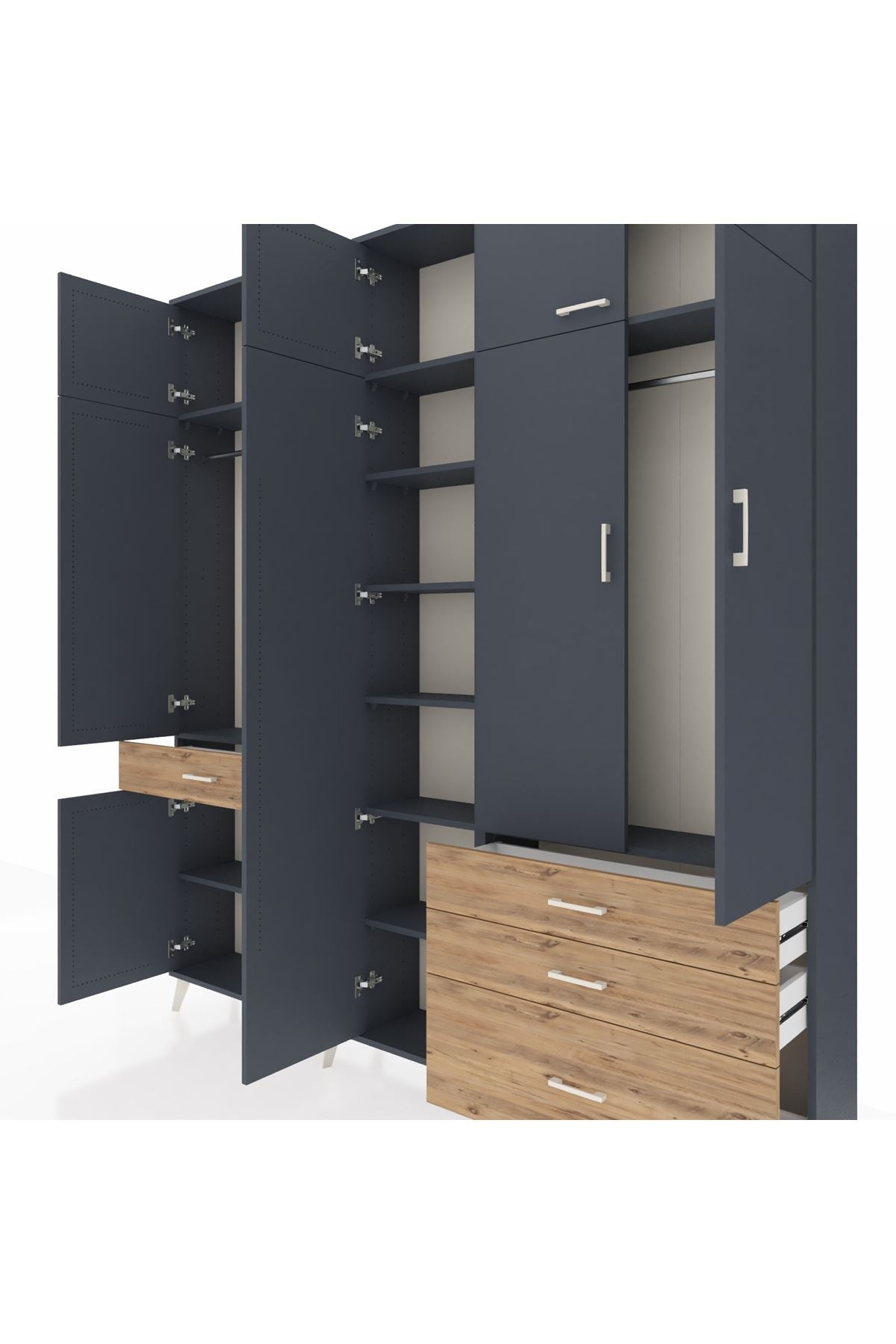 Arges Dolap 11 Raflı 4 Çekmeceli 2 Askılı 220x30x243 Antrasit-Antrasit/Çam