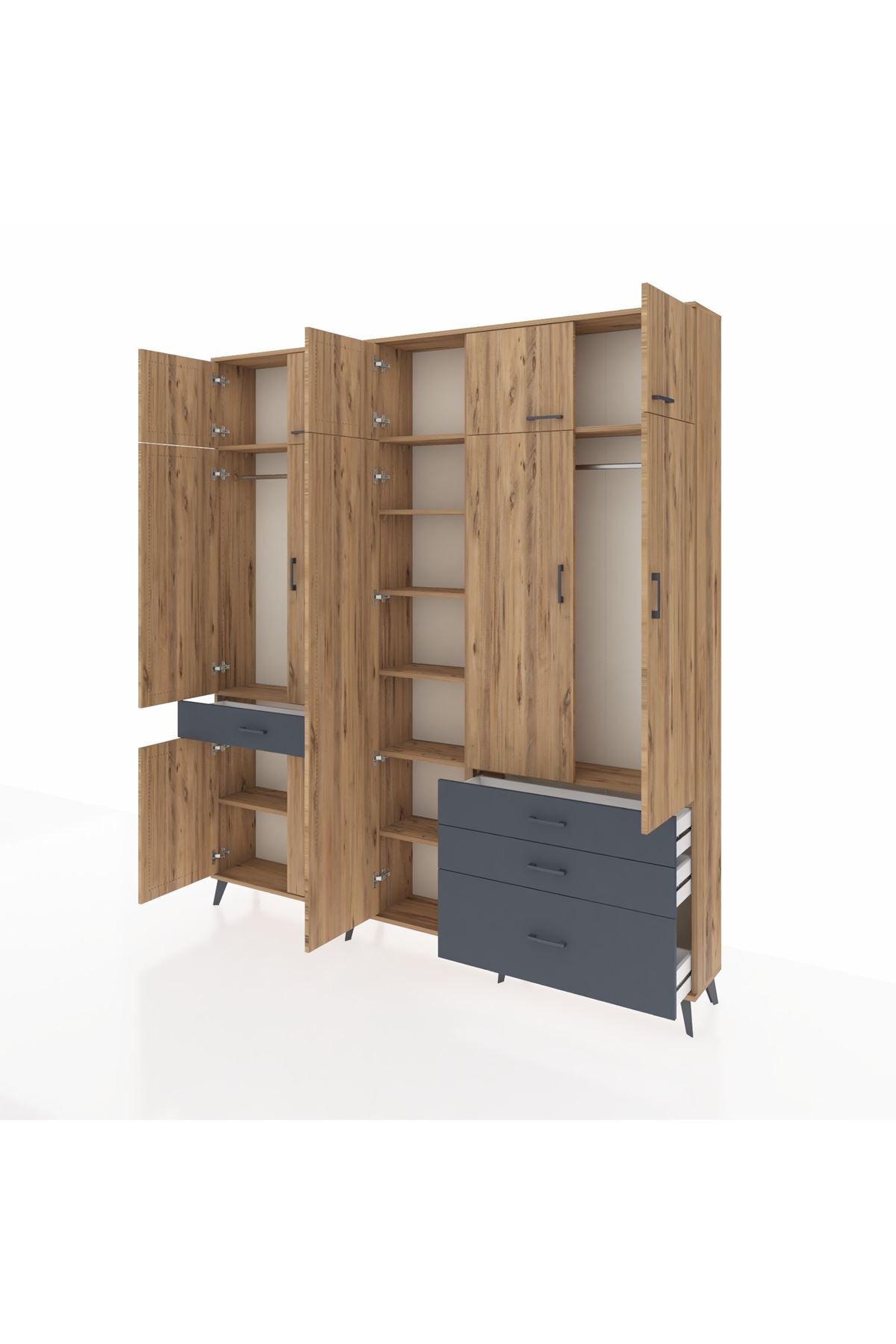 Arges Dolap 11 Raflı 4 Çekmeceli 2 Askılı 220x30x243 Çam-Çam/Antrasit