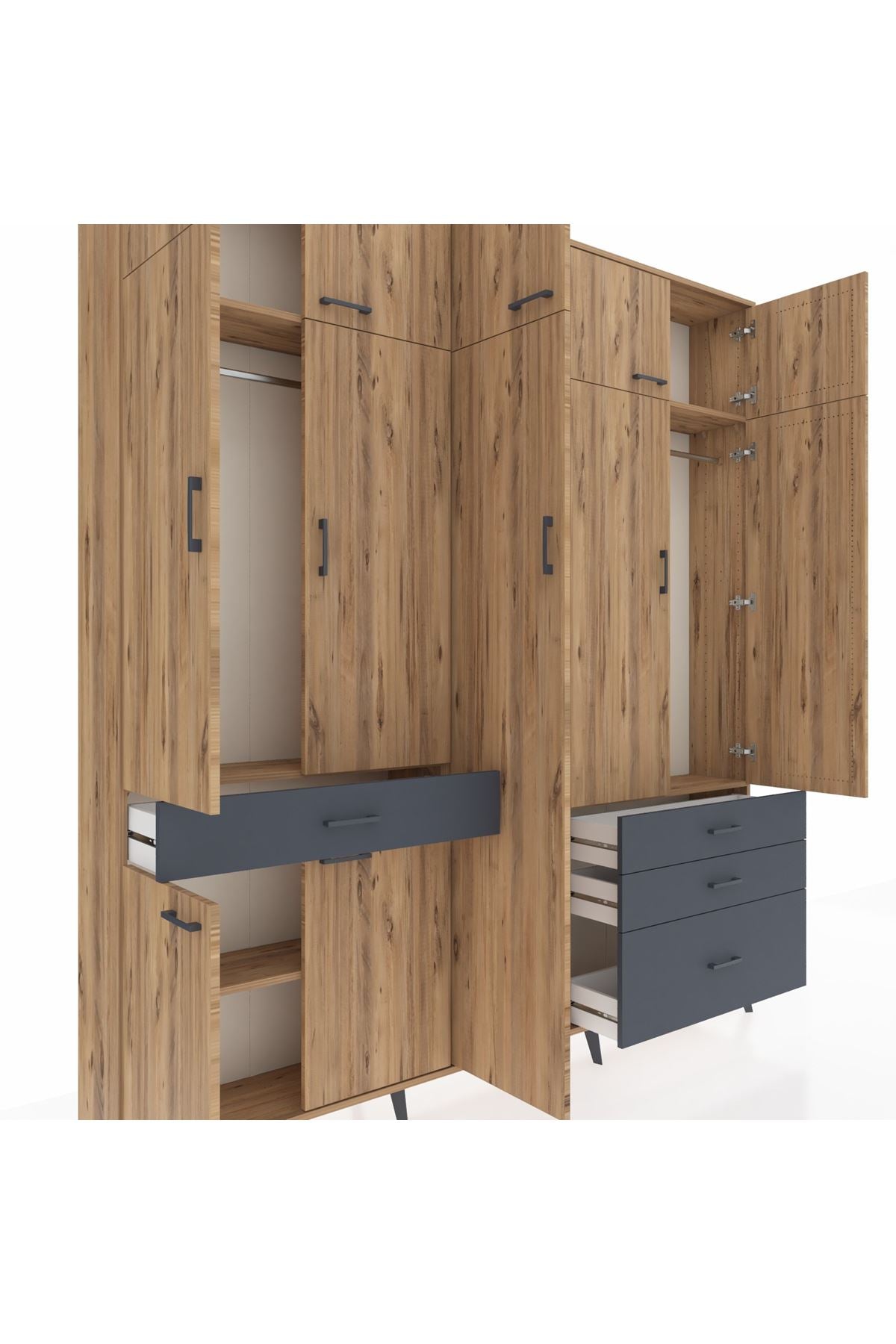 Arges Dolap 11 Raflı 4 Çekmeceli 2 Askılı 220x30x243 Çam-Çam/Antrasit