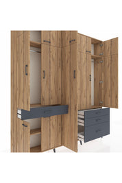 Arges Dolap 11 Raflı 4 Çekmeceli 2 Askılı 220x30x243 Çam-Çam/Antrasit