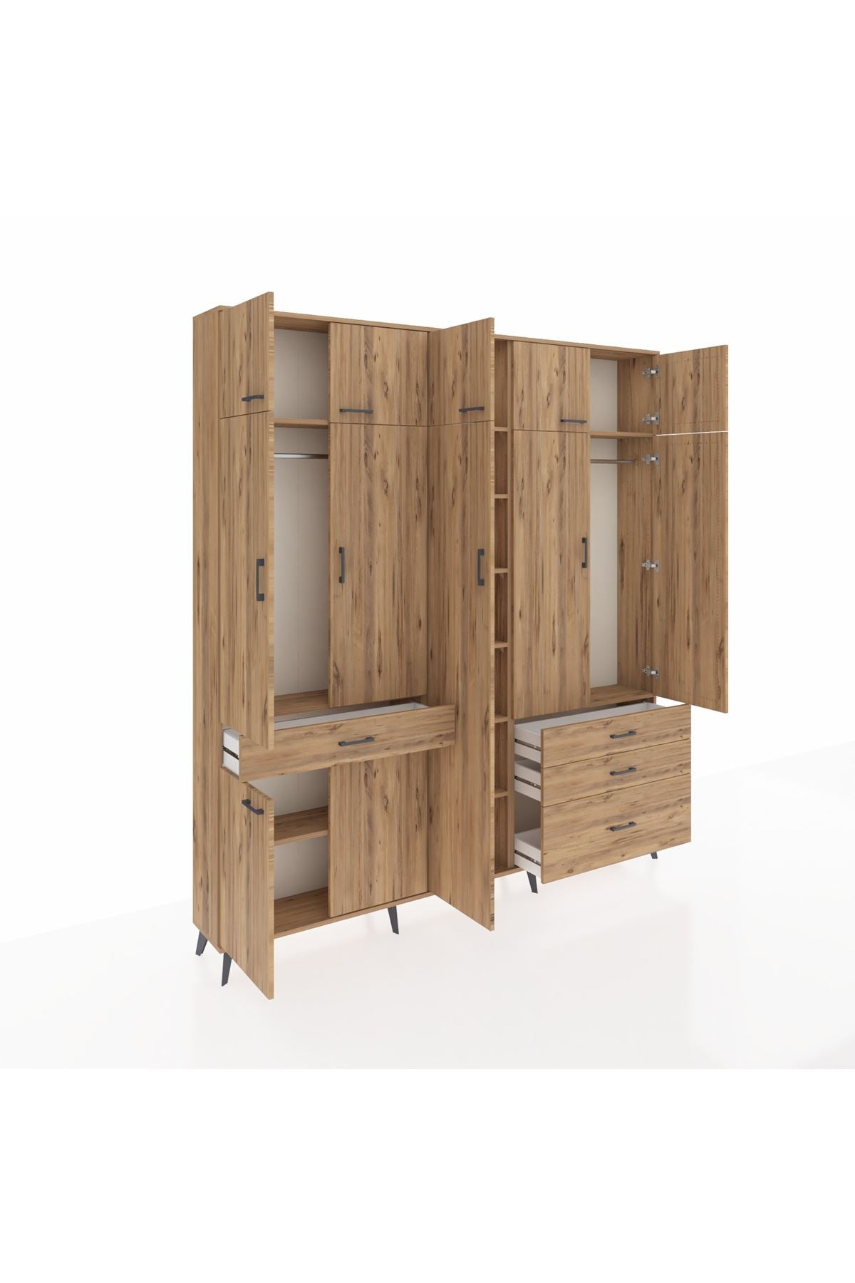 Arges Gardrop 11 Raflı 4 Çekmeceli 2 Askılı 220x30x243 Çam-Çam