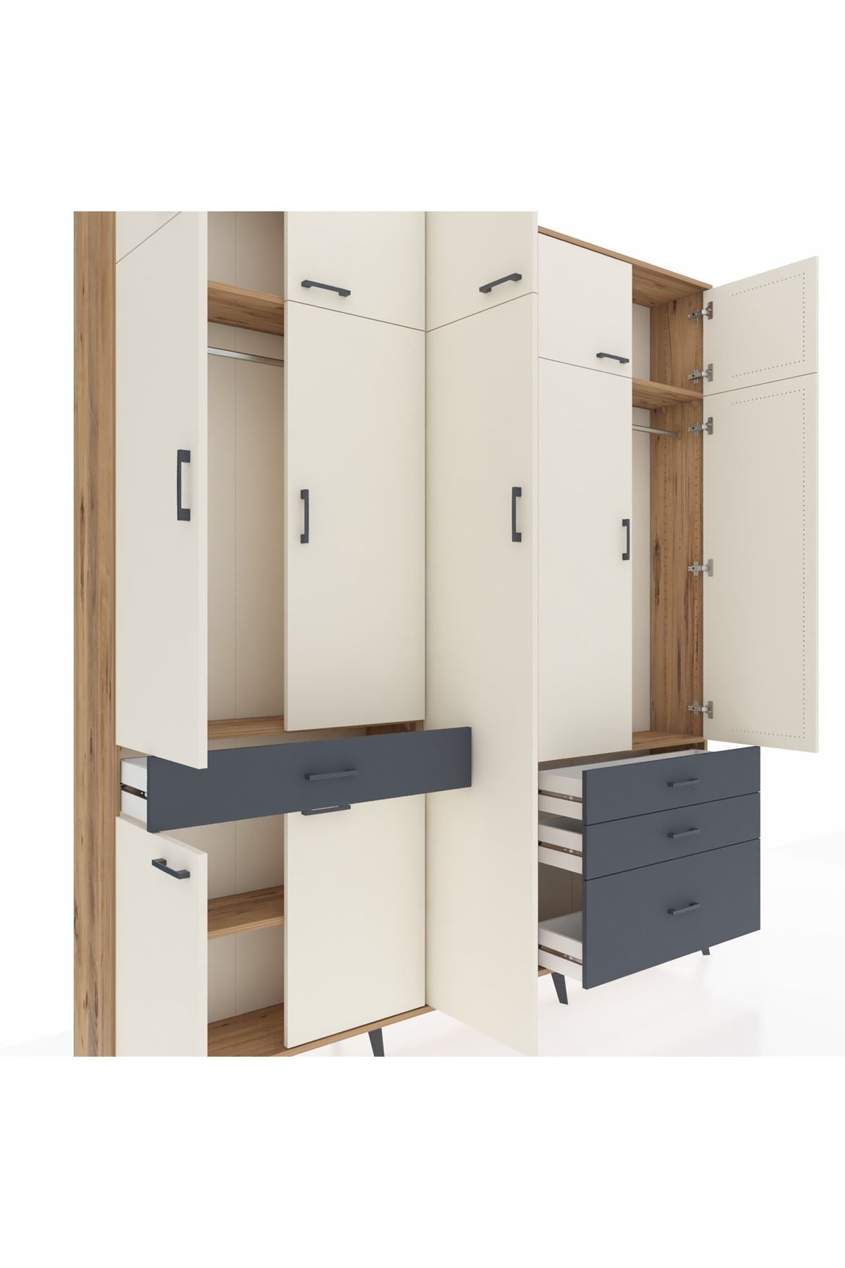 Arges Dolap 11 Raflı 4 Çekmeceli 2 Askılı 220x30x243 Çam-Aytaşı/Antrasit