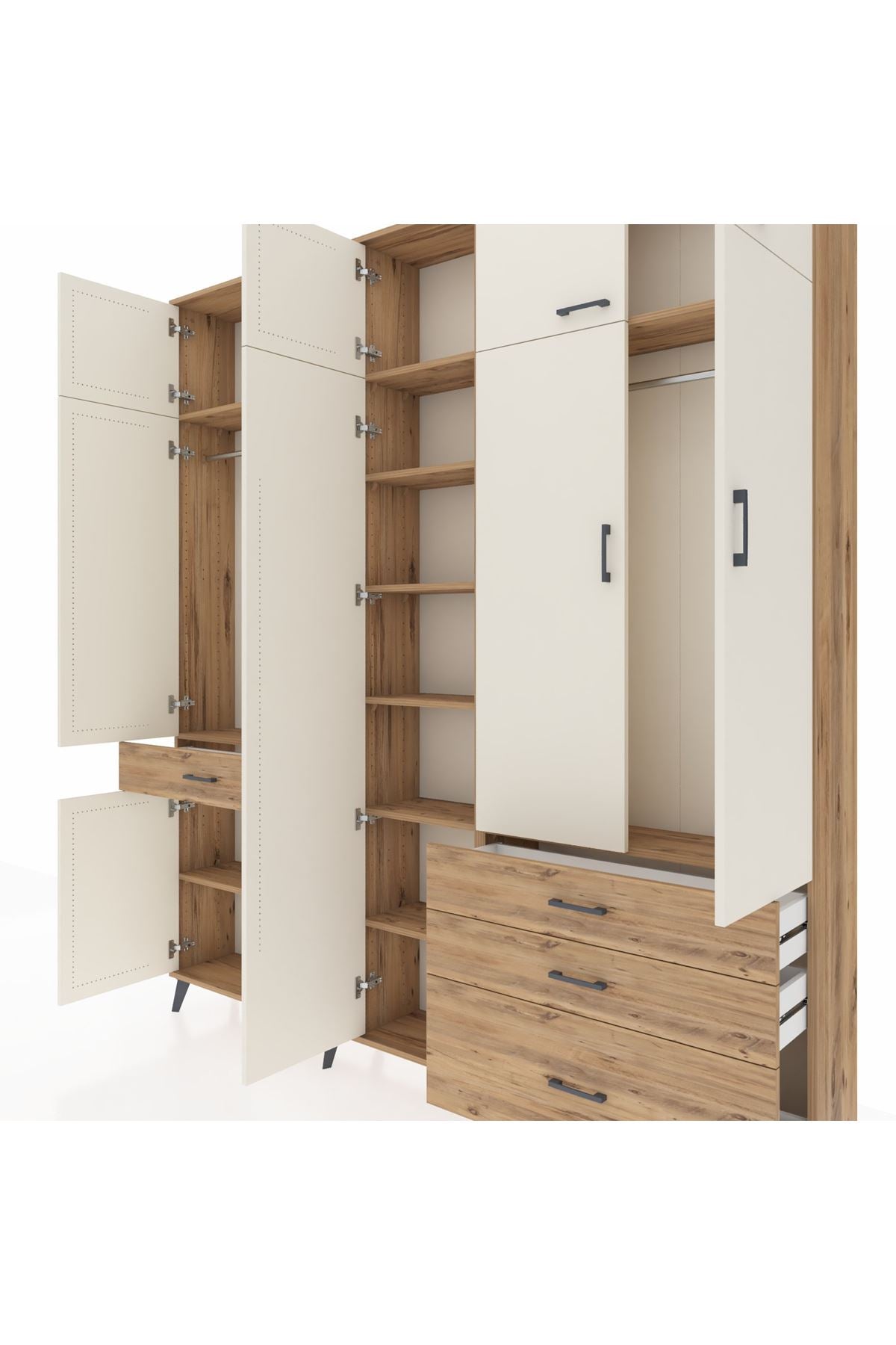 Arges Dolap 11 Raflı 4 Çekmeceli 2 Askılı 220x30x243 Çam-Aytaşı/Çam