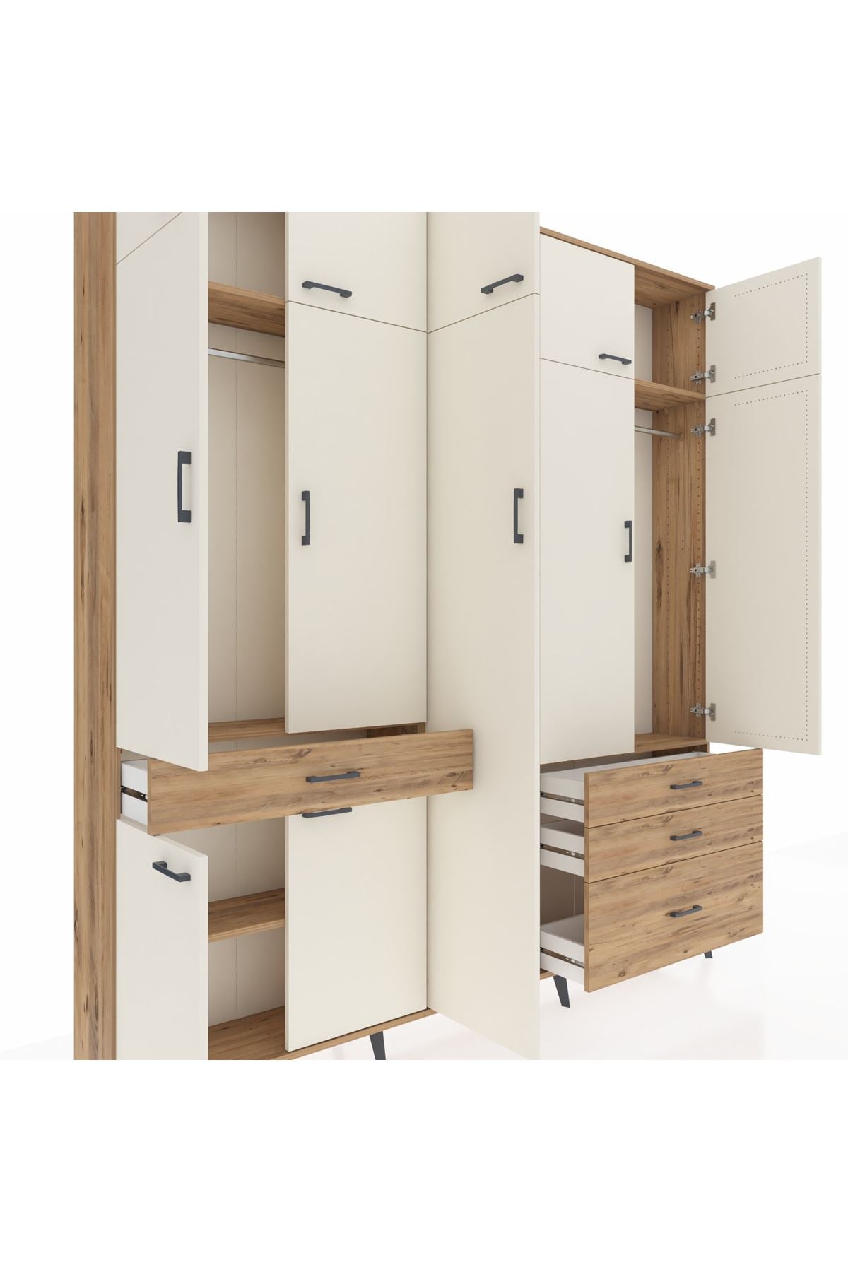 Arges Dolap 11 Raflı 4 Çekmeceli 2 Askılı 220x30x243 Çam-Aytaşı/Çam