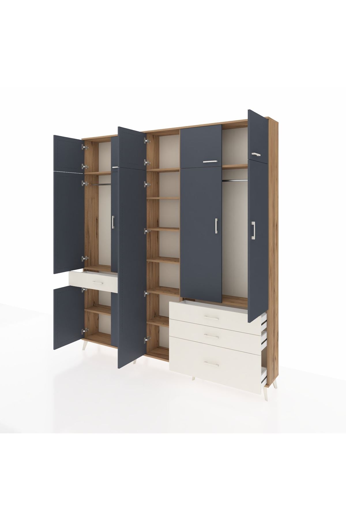 Arges Dolap 11 Raflı 4 Çekmeceli 2 Askılı 220x30x243 Çam-Antrasit/Aytaşı