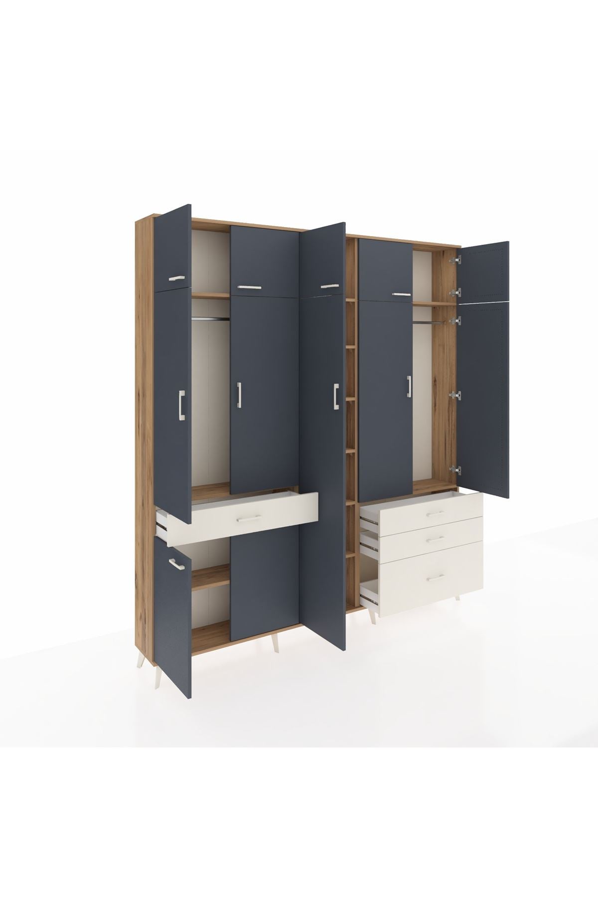 Arges Dolap 11 Raflı 4 Çekmeceli 2 Askılı 220x30x243 Çam-Antrasit/Aytaşı