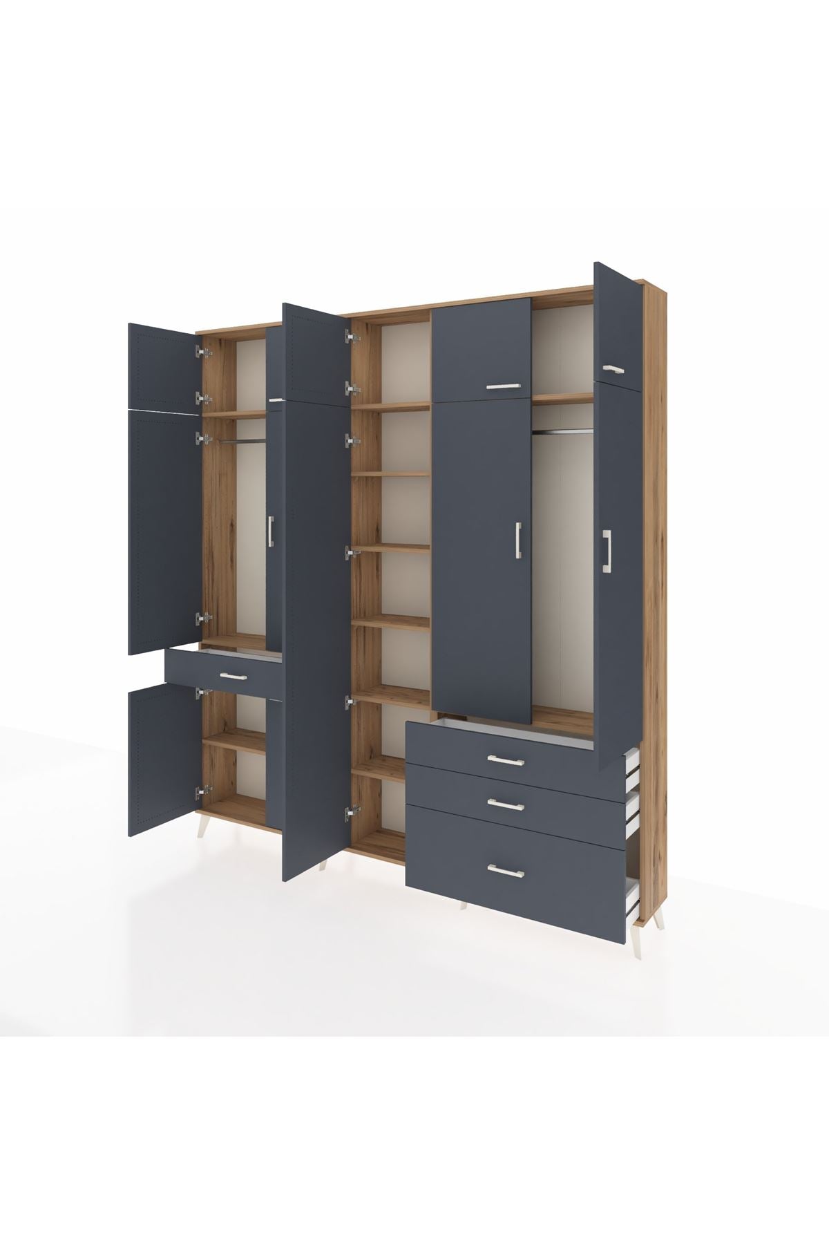 Arges Gardrop 11 Raflı 4 Çekmeceli 2 Askılı 220x30x243 Çam-Antrasit