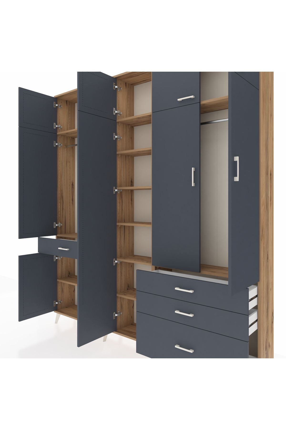 Arges Gardrop 11 Raflı 4 Çekmeceli 2 Askılı 220x30x243 Çam-Antrasit